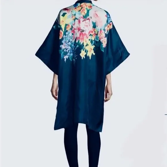 SOLD Johnny Was Malani 100% Silk Floral Print Long Kimono Tunic Navy Blue Size M - Picture 7 of 16